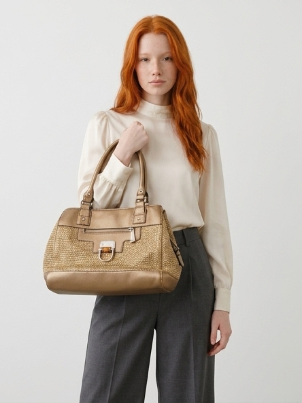 Dana Buchman Gold Woven Satchel Handbag Metallic Top Handle Purse - Picture 7 of 11